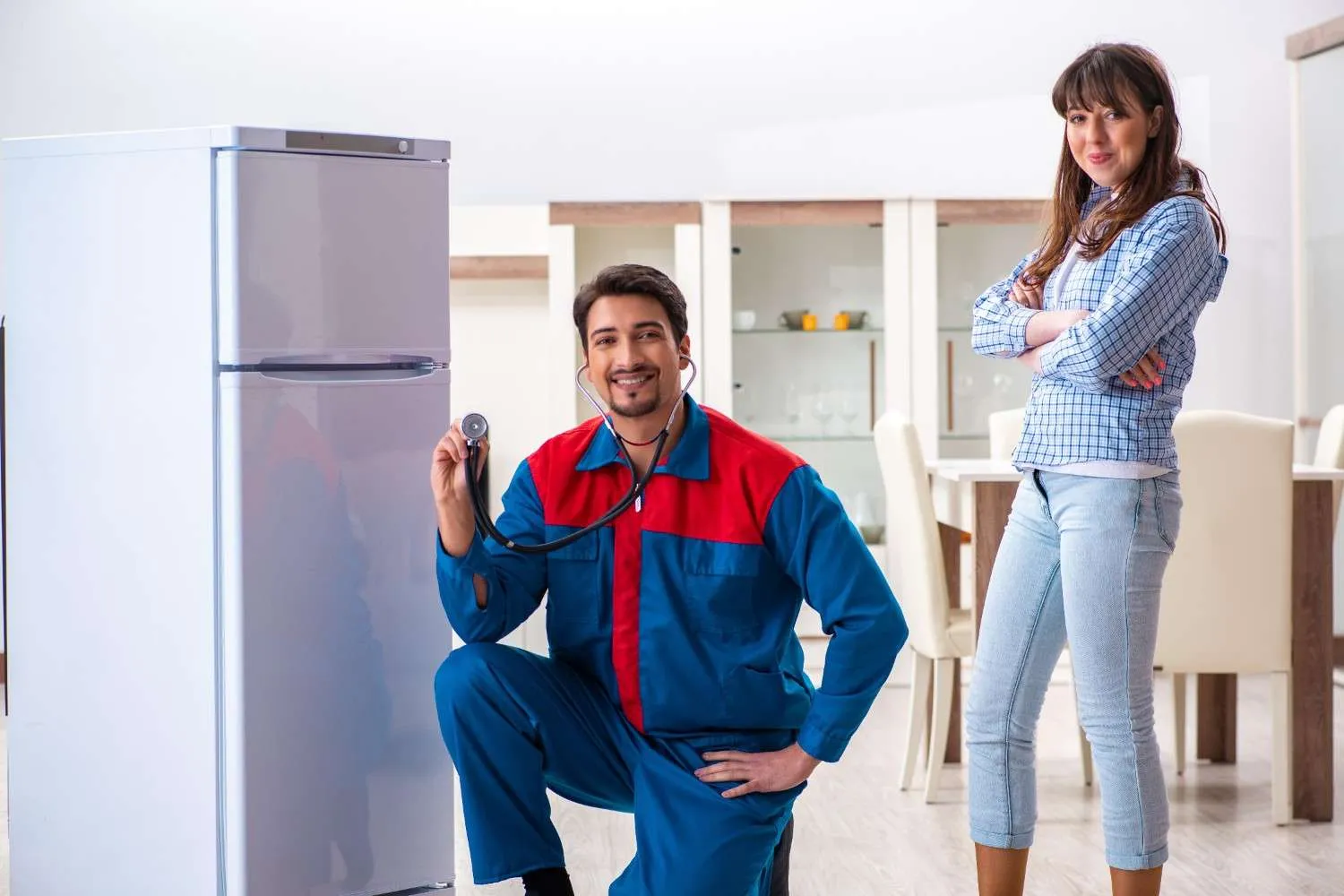 Appliance technician kneeling beside a refrigerator next to a homeowner